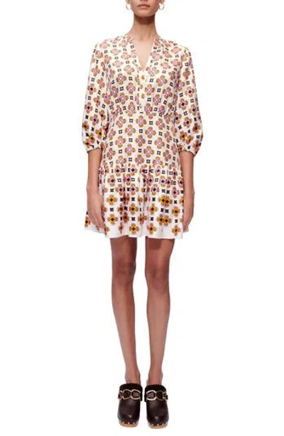 Maje Tile Print Puff Sleeve Button-up Dress In Pink