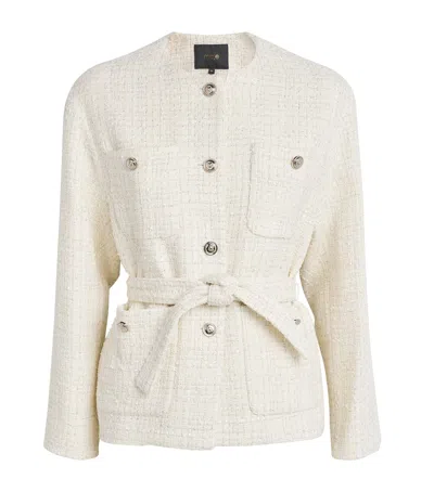 Maje Tweed Belted Jacket In White