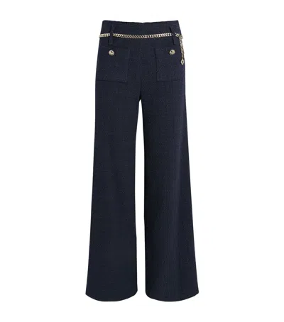 Maje Tweed Belted Wide-leg Trousers In Black