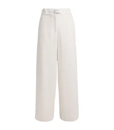 Maje Tweed Belted Wide-leg Trousers In White