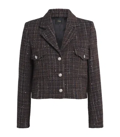 Maje Tweed Cropped Jacket In Brown