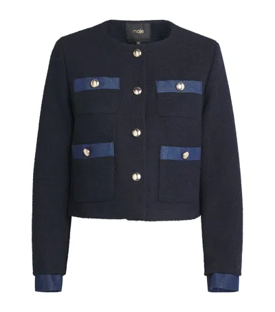 Maje Tweed Denim-trim Jacket In Blue
