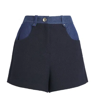 Maje Tweed Denim-trim Shorts In Blue
