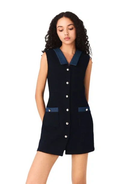 Maje Womens Navy Denim-trim Sleeveless Tweed Mini Dress In Black