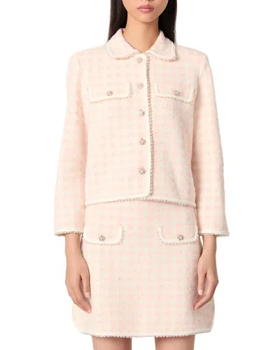 Maje Tweed Effect Knit Jacket In Pink/ecru