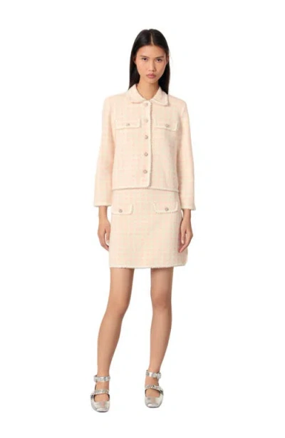 Maje Tweed-effect Knit Jacket In Pink/ecru