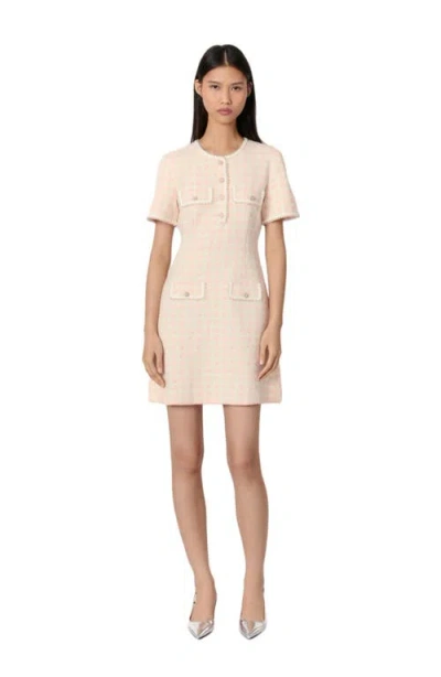 Maje Tweed-effect Knit Short Dress In Pink/ecru
