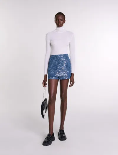 Maje Skirt-effect Sequined Denim Shorts In Blue