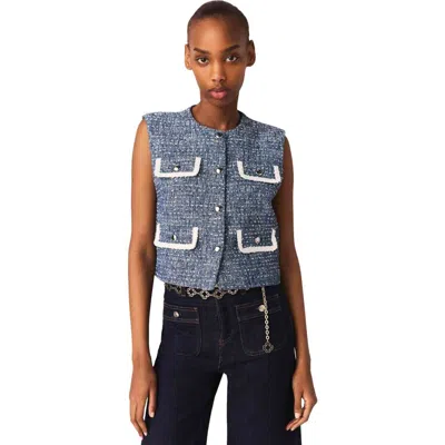 Maje Womens Blue Boxy-fit Round-neck Tweed Vest