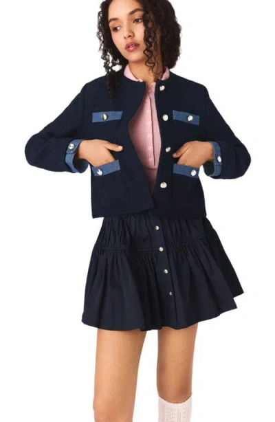 Maje Tweed Jacket With Denim Trim In Blue