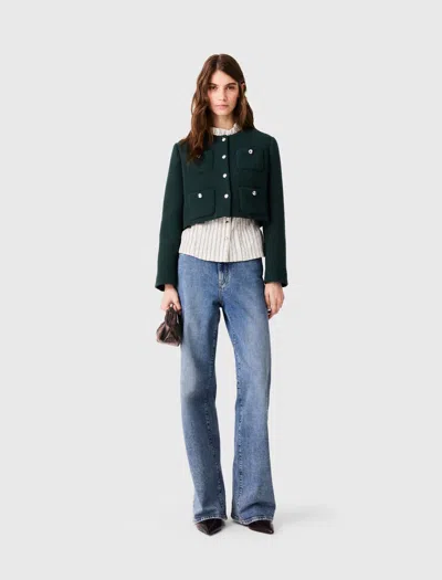 Maje Tweed Jacket With Fringe Trim In Green