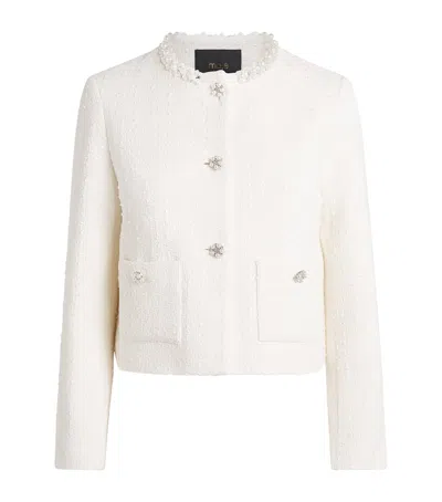 Maje Tweed Pearl-trim Jacket In White