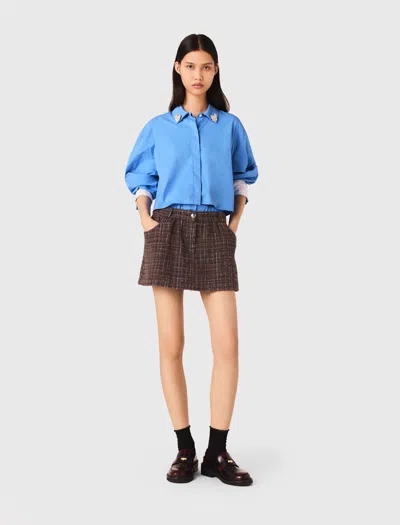 Maje Tweed Shorts With Elasticated Waistband In Brown