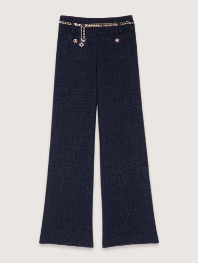 Maje Tweed Trousers With Chain Belt In Navy