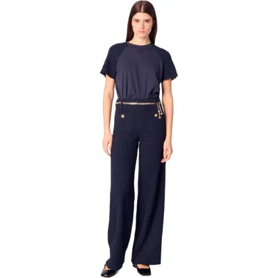 Maje Tweed Trousers With Chain Belt In Navy