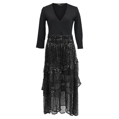 Maje V-neck Sequined Midi Tiered Dress In Black Polyamide