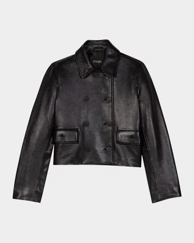Maje Vaban Double-breasted Leather Blazer In Noir / Gris