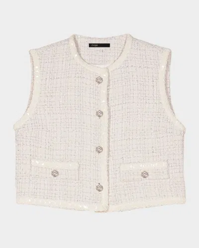Maje Vadere Sleeveless Sequined Tweed Blazer In Ecru