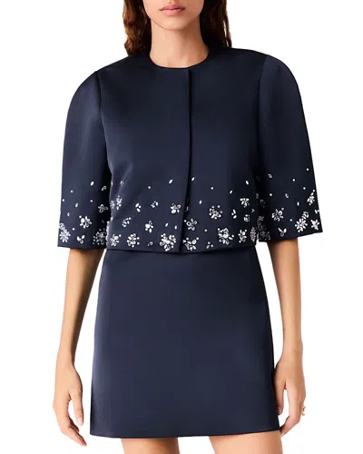Maje Vastapril Cropped Rhinestone Embellished Satin Jacket In Blue