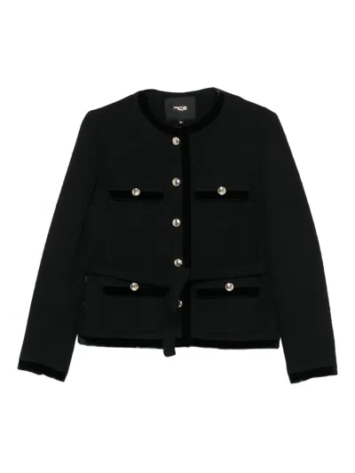 Maje Velvet-trim Belted Jacket In Black