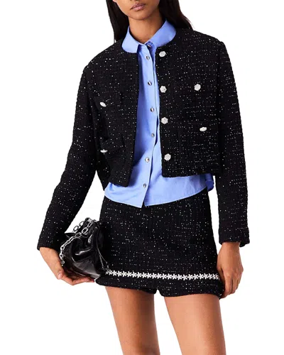 Maje Veralys Cotton Blend Cropped Sequinned Tweed Jacket In Black