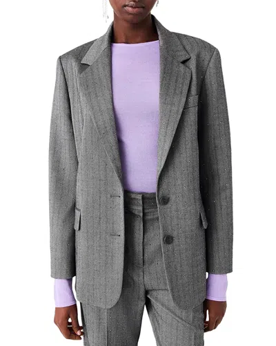 Maje Verpalus Rhinestone Pinstriped Suit Blazer In Gray