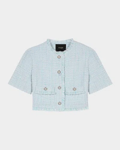 Maje Victorine Tweed Short-sleeve Blazer In Blue Sky