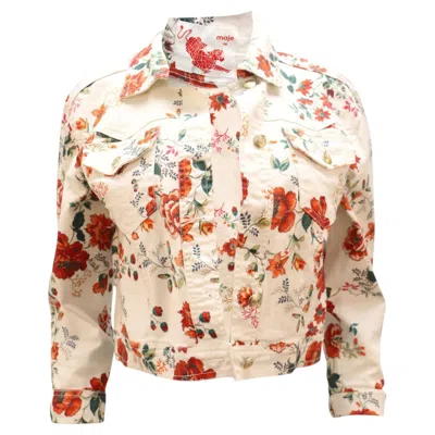 Pre-owned Maje Viflor Denim Jacket In Floral Print Cotton In Beige