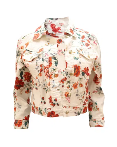 Pre-owned Maje Viflor Denim Jacket In Floral Print Cotton In Neutral