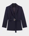 Maje Villeplisse Belted Pleated Blazer In Navy