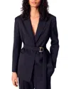 Maje Villeplisse Belted Pleated Blazer In Navy