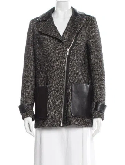 Pre-owned Maje Virgin Wool Tweed Pattern Biker Jacket In Black