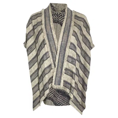 Pre-owned Maje Vona Striped Fringed Poncho In Multicolor Cotton In Gray