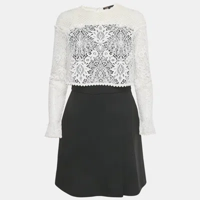 Pre-owned Maje White / Back Lace Overlay Relim Mini Dress L In Black