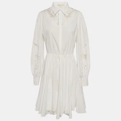 Pre-owned Maje White Cotton Guipure Detail Flared Mini Dress M