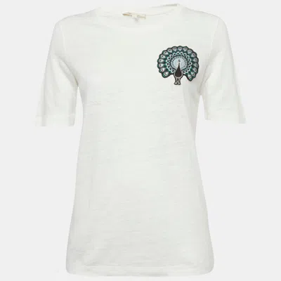 Maje White Cotton Knit Peacock Patch Detail T-shirt