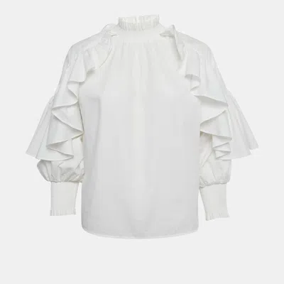 Pre-owned Maje White Cotton Ruffled Shirring Blouse S