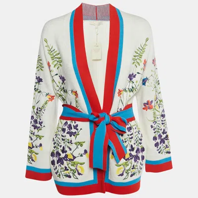 Pre-owned Maje White Floral Embroidered Stretch Knit Cardigan S