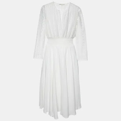 Pre-owned Maje White Lace & Crepe Flared Midi Dress S