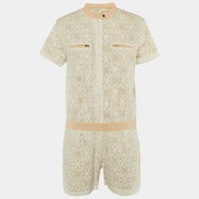 Maje White Lace & Silk Trim Zip Up Jumpsuit In Neutral