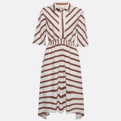 Maje White/red Striped Gabardine Asymmetric Midi Dress