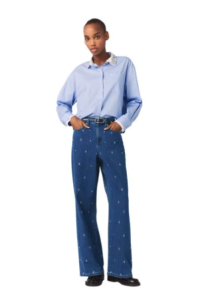Maje Wide Jeans With Rhinestones In Blue
