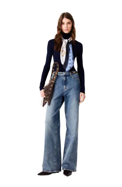 Maje Wide-leg Leather Buckle Jeans In Blue