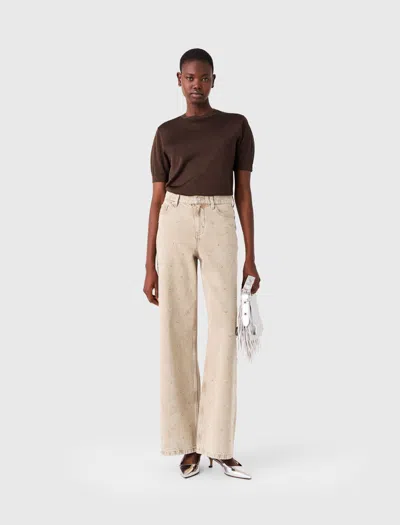 Maje Wide-leg Rhinestone Jeans In Beige