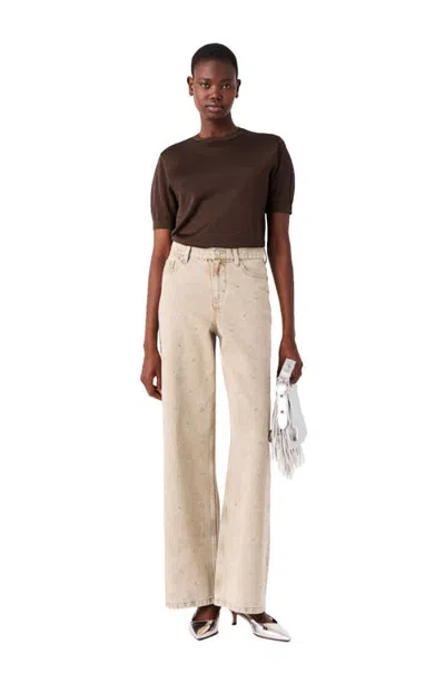 Maje Wide-leg Rhinestone Jeans In Beige