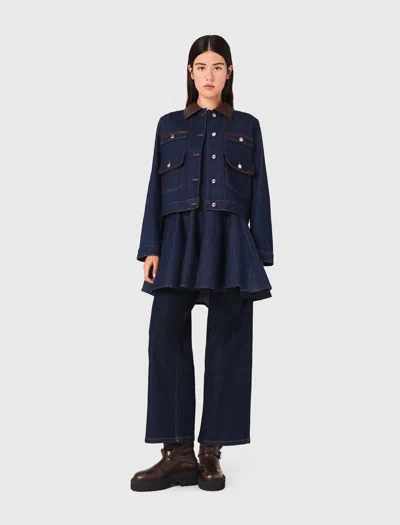 Maje Woman's Cotton Denim Jacket With Faux Leather For Fall/winter In Blue
