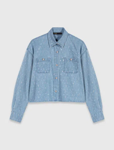 Maje Woman's Cotton Short Rhinestone Denim Shirt For Fall/winter