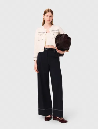 Maje Woman's Cotton Topstitched Cropped Cardigan For Fall/winter In Black