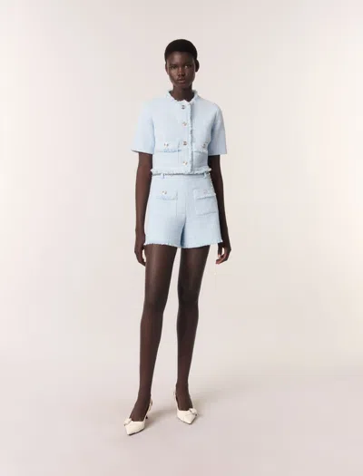 Maje Tweed Shorts With Belt In Blue Sky