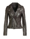 Maje Woman Jacket Dark Brown Size 8 Lambskin